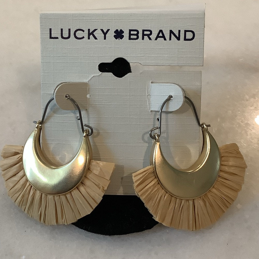 Lucky Brand Gold Crescent Hoops with Natural Raffia Fringe, Brand New